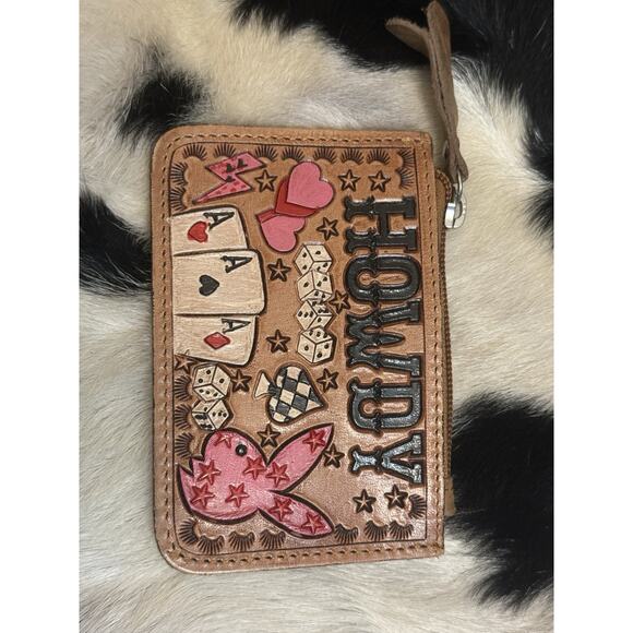 Southwestern Hand Tooled Painted Hide Leather Coin Purse Pill Howdy Playboy Dice